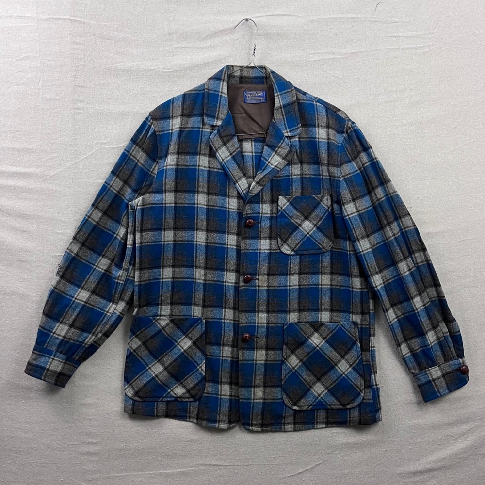 Pendleton Blazer Jacket Mens Medium Blue Plaid Virgin Wool Vintage Button Front